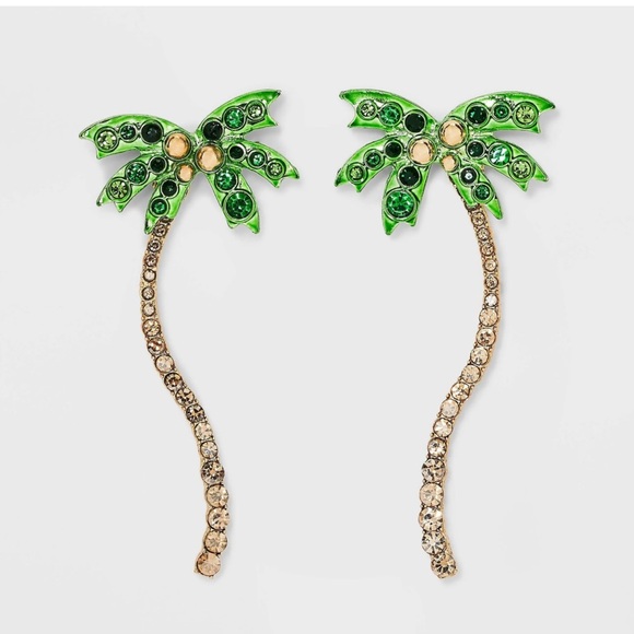 NEW NWT Sugarfix by Baublebar Women Stay Palm Statement Earrings Green Gold - Picture 2 of 8